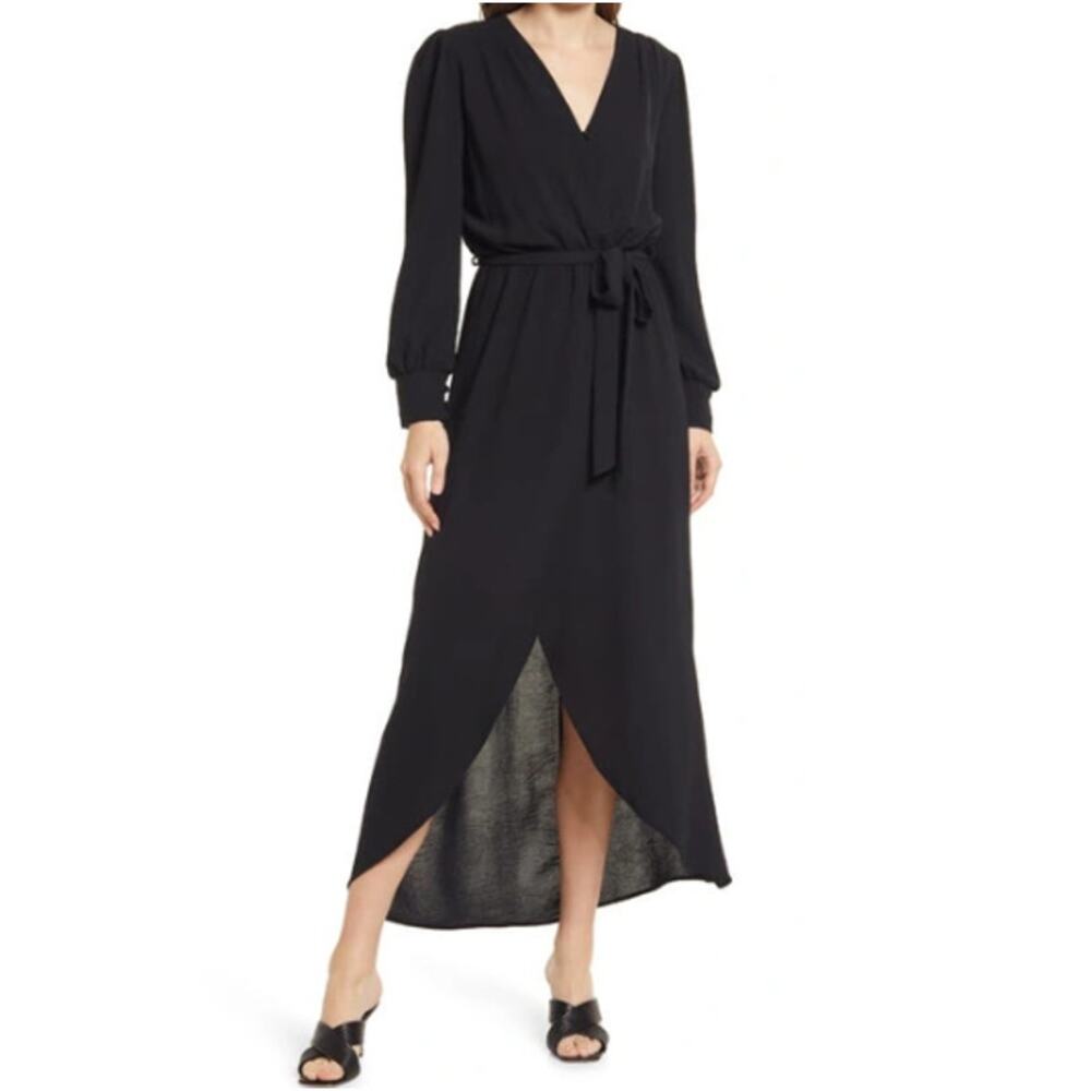 New FRAICHE BY J Women's Black Wrap Front Long Sleeve Dress Size M